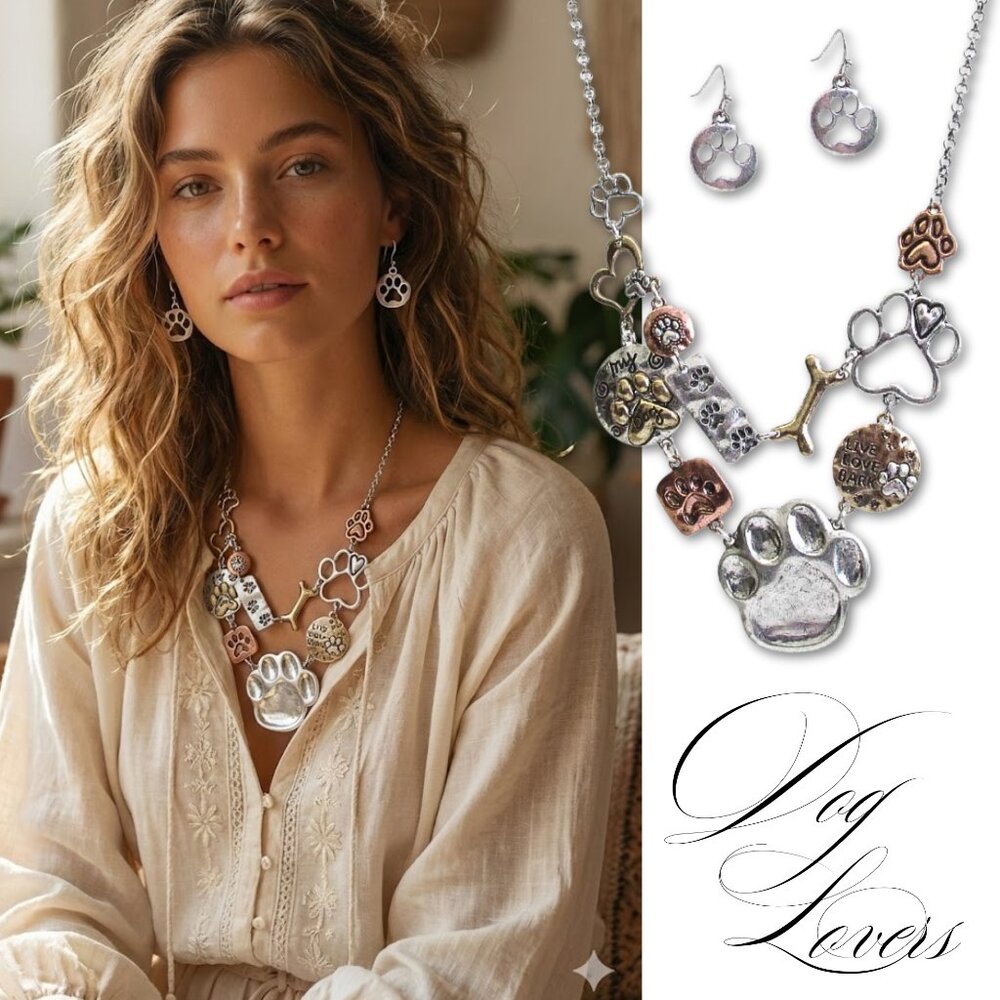 LIVE LOVE BARK Inscription Pet Theme Silver Gold Dog Necklace with Earrings NEW - Picture 2 of 3
